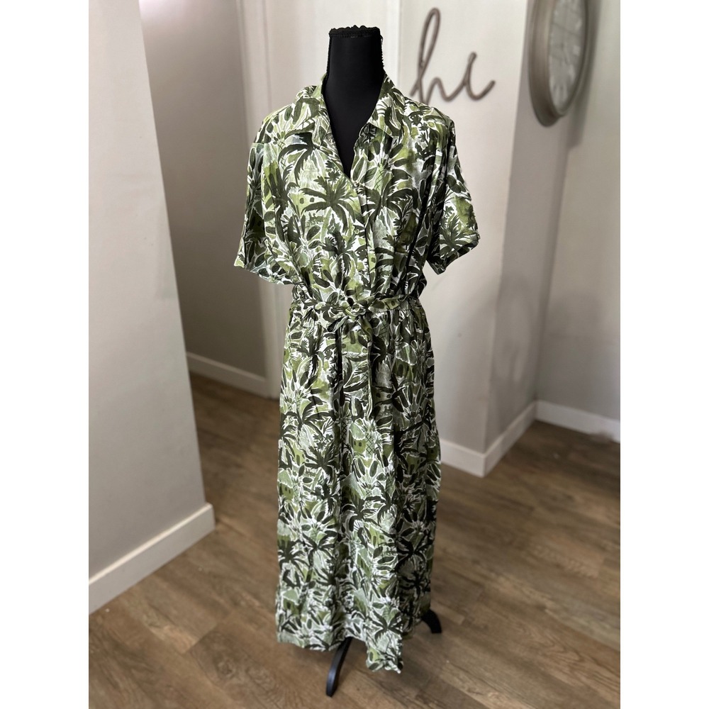 Haver London Womens XL Green Tropical Palm Leaf Short Sleeve Maxi Shirt Dress
